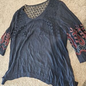 Embroidered Navy Blue Women's Top